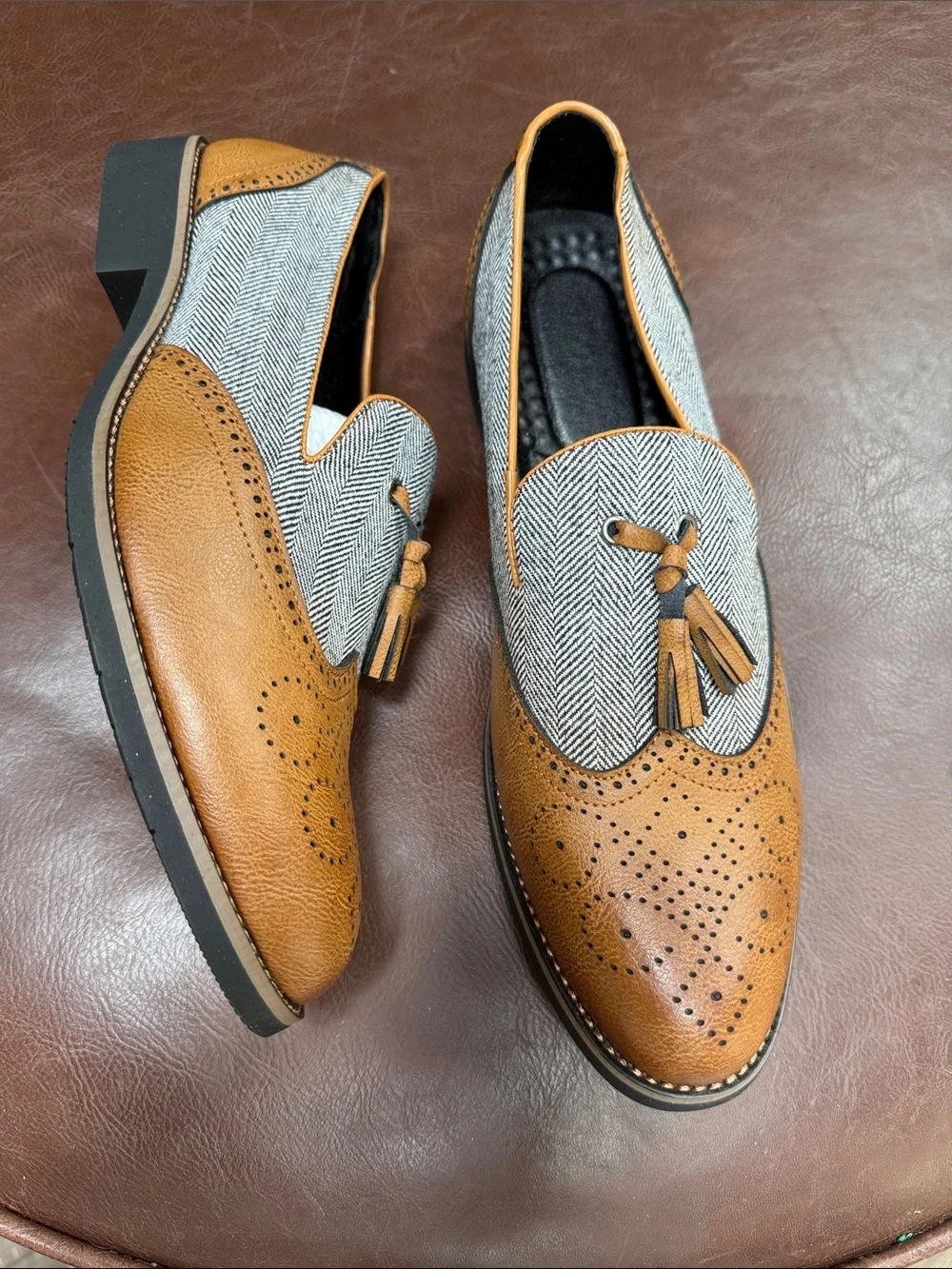 Men's Tan Leather & Herringbone Tassel Loafers